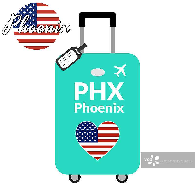 行李的机场站代码IATA或位置标识和目的地城市名称凤凰，PHX。去美国旅游的概念。行李上的心形美国国旗。图片素材