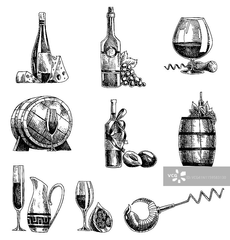 手绘草图矢量酒集。酒瓶、玻璃杯、酒桶、葡萄、开瓶器、侍酒师图片素材