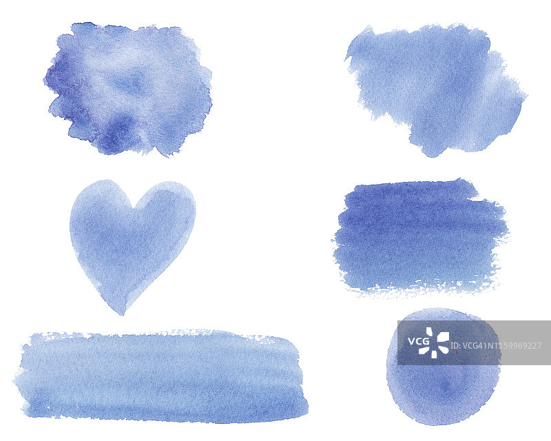 水彩湿蓝色笔刷描边设置孤立的白色背景图片素材