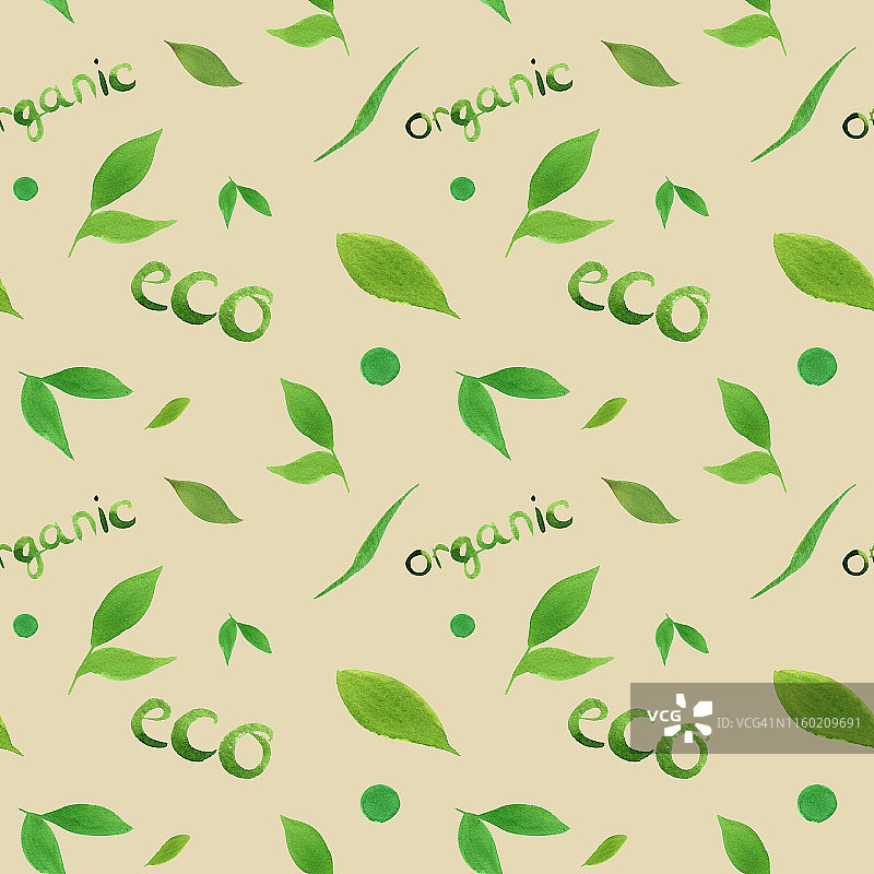 水彩无缝图案简单的绿叶生态，有机概念，字母上的米色背景图片素材