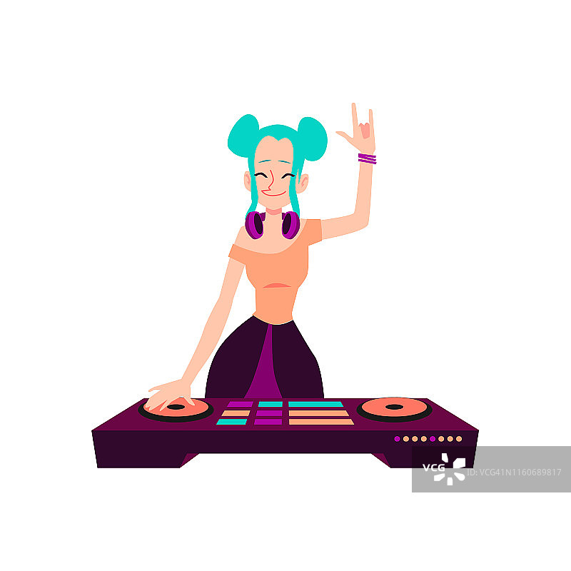 女子站在DJ控制台与摇滚手势卡通风格图片素材