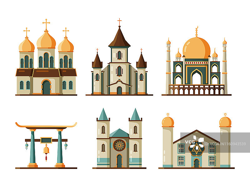 宗教建筑平面。路德教会、基督教教堂、穆斯林清真寺等传统建筑图片素材
