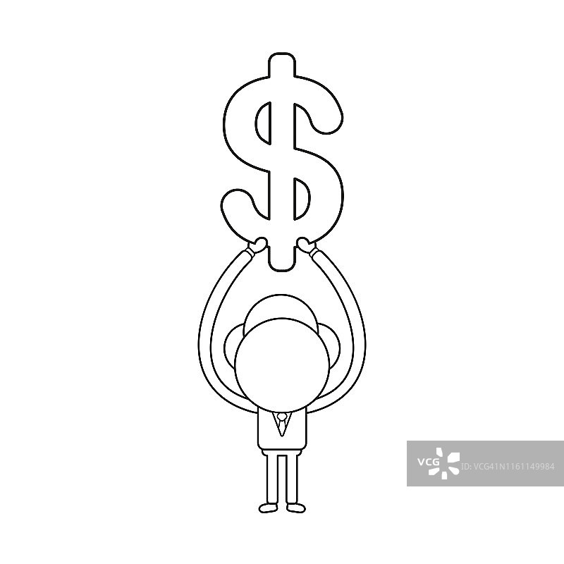 商人人物举起美元符号的矢量插图。黑色的轮廓。图片素材