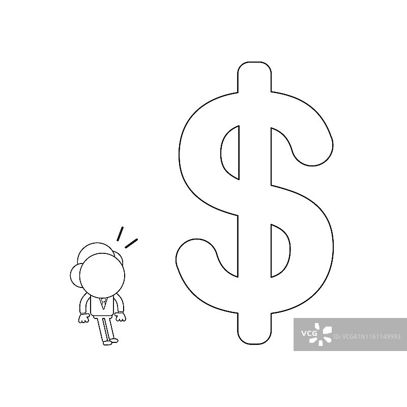 商人形象的矢量插图，看起来像大美元符号。黑色的轮廓。图片素材