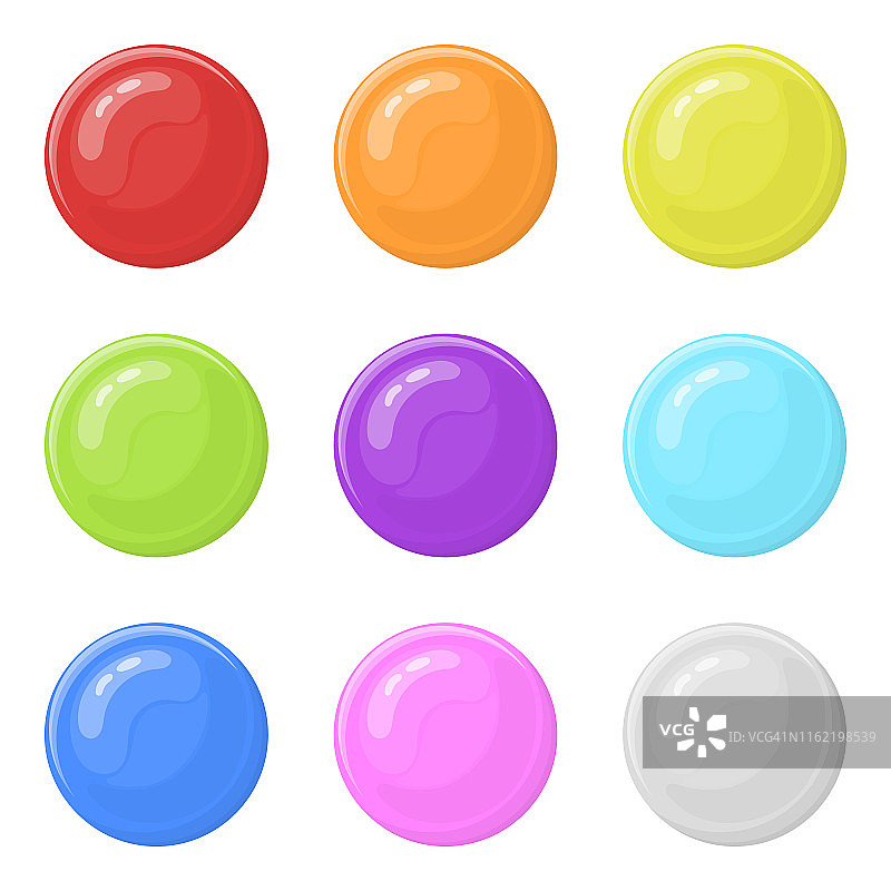 一套光滑的圆形彩色按钮孤立在白色背景。矢量插图为任何设计。图片素材