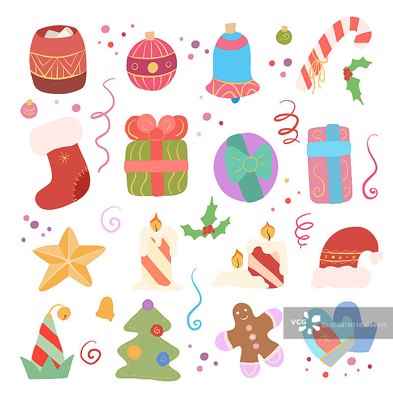 不同元素的节日套新年。圣诞夜。圣诞树上的装饰品，圣诞老人的帽子和小精灵，礼物和甜蜜。矢量平面对象图片素材
