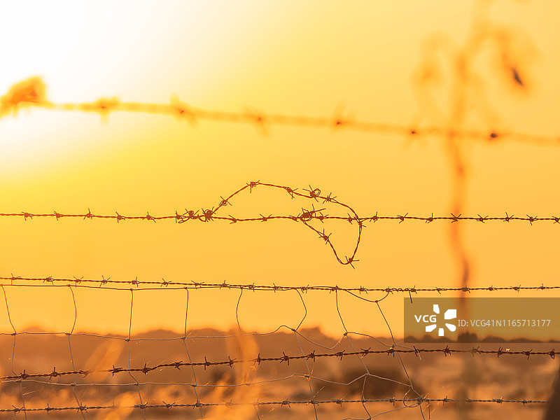 夕阳西下的萨拉曼卡沙漠，一根铁丝网上的铁丝网图片素材