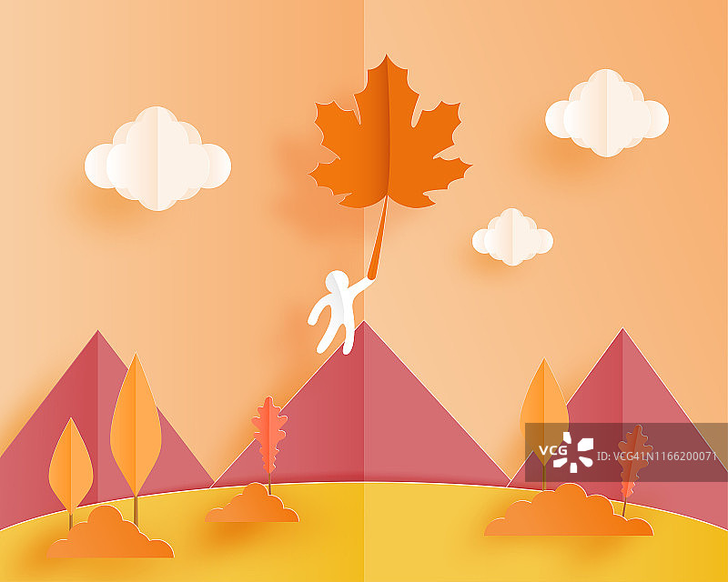 风景秋色的背景用一张人造纸挂在漫天飞舞的枫叶上。矢量插图。海报、横幅、墙纸、宣传册、书皮、模板。图片素材