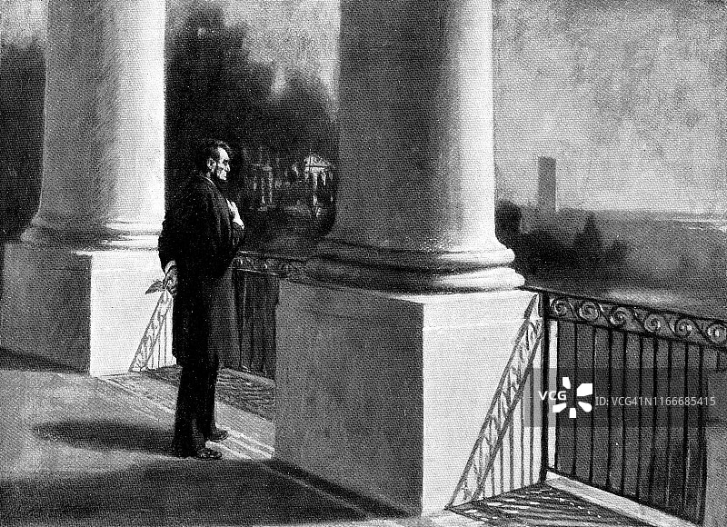 亚伯拉罕·林肯总统在华盛顿特区白宫南门廊上，美国，19世纪图片素材