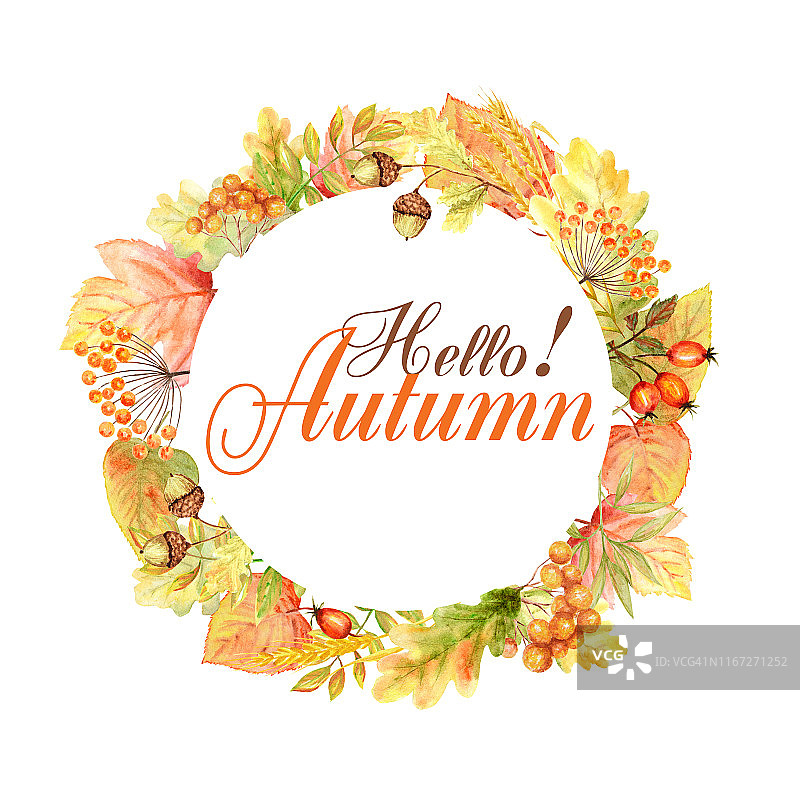你好秋叶明亮的框架孤立在一个白色的背景。水彩秋叶手绘插画。图片素材