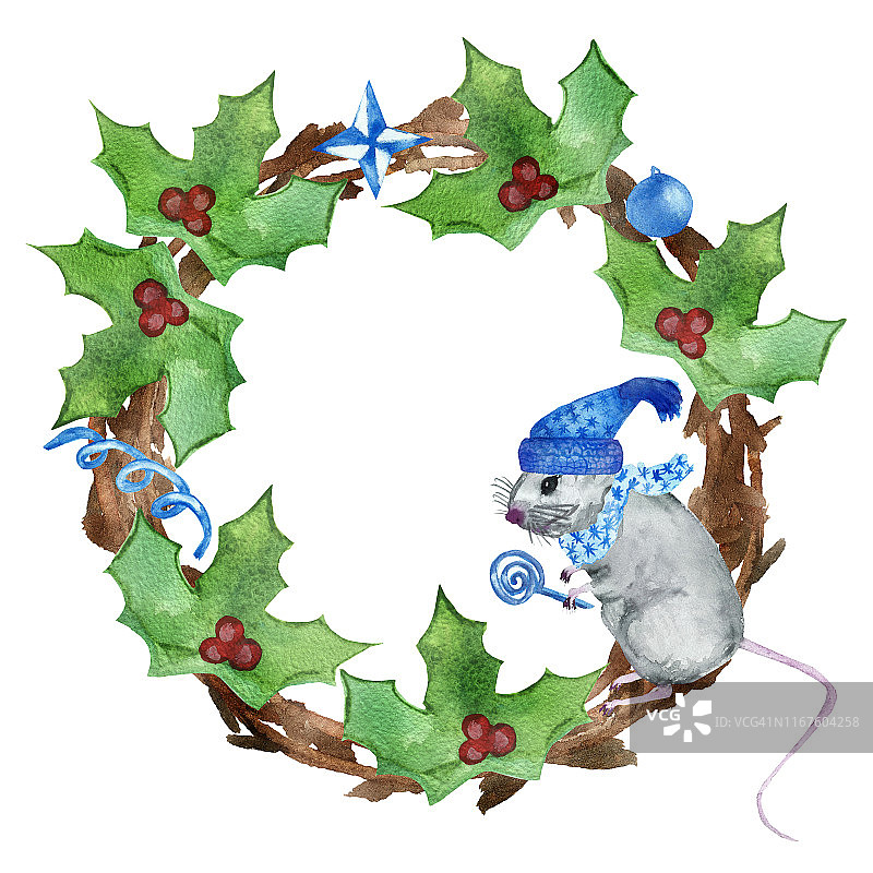 水彩手画圣诞框架组成与圆圈的树枝花环，绿色冬青树叶与小红浆果和灰色老鼠与蓝色帽子，围巾和棒棒糖邀请图片素材