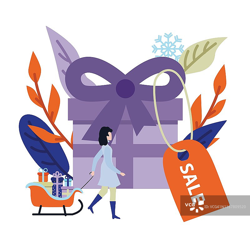 冬季或假日销售横幅与大礼品盒和年轻女子与堆在雪橇上的礼物。图片素材