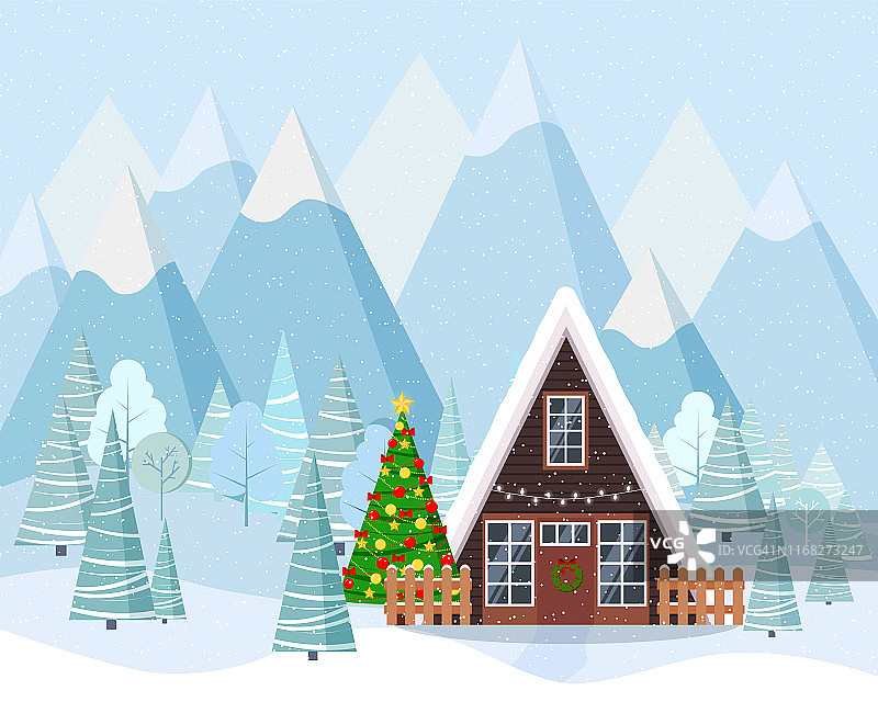 冬季景观与装饰的a型框架房子，冬季树木，云杉，山，雪在卡通扁平风格。图片素材