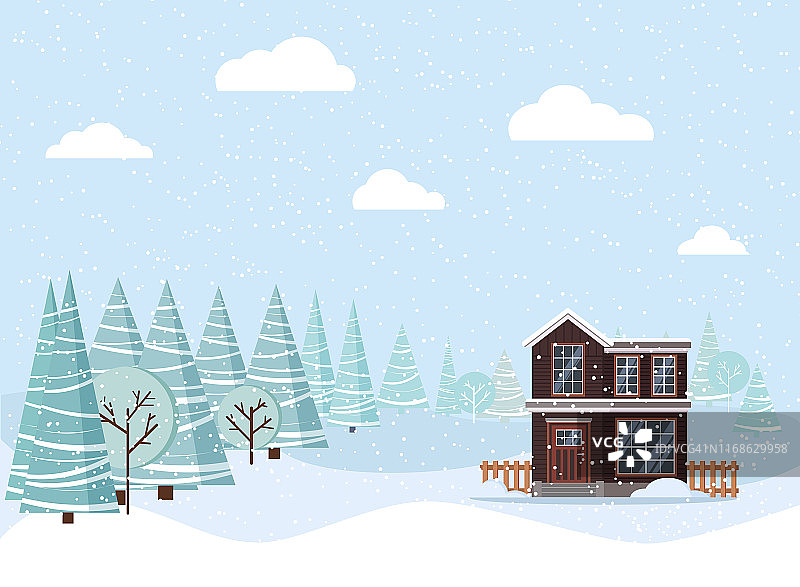冬天的风景有乡村房子，冬天的树，云杉，云，雪。图片素材