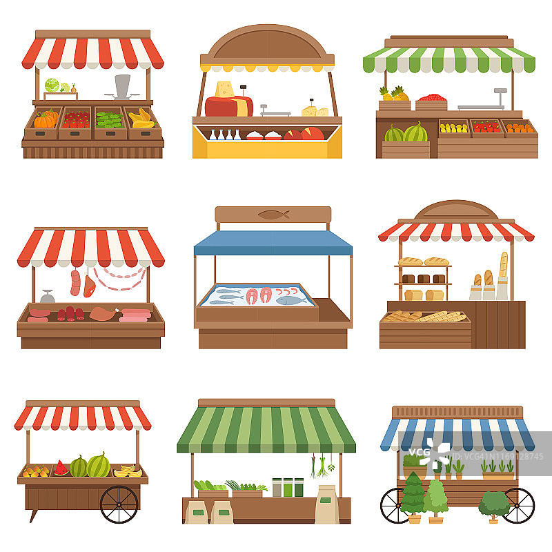 当地市场。户外商店的地方新鲜的农场食品，蔬菜，水果，牛奶和肉类业主矢量插图图片素材