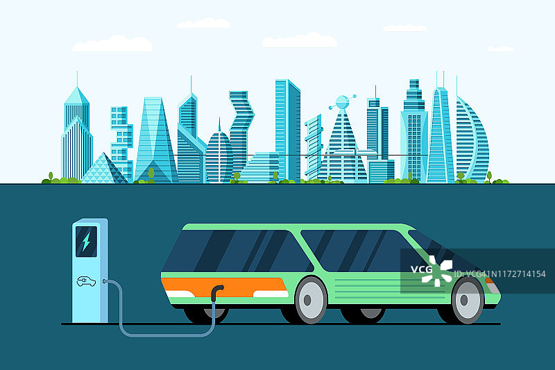 绿色电动汽车后视图，未来城市充电站加油。现代电动汽车技术和环保理念。城市电力矢量图图片素材