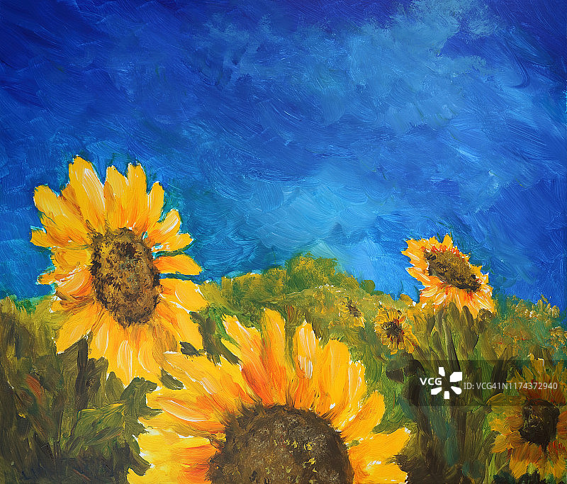 夏日草地，向日葵，油画图片素材