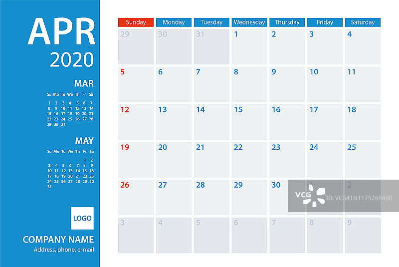 2020年四月日历规划师矢量模板。一周周日图片素材