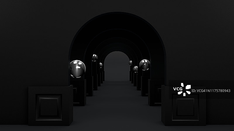 3D抽象隧道门黑色背景，空产品站，平台，讲台图片素材