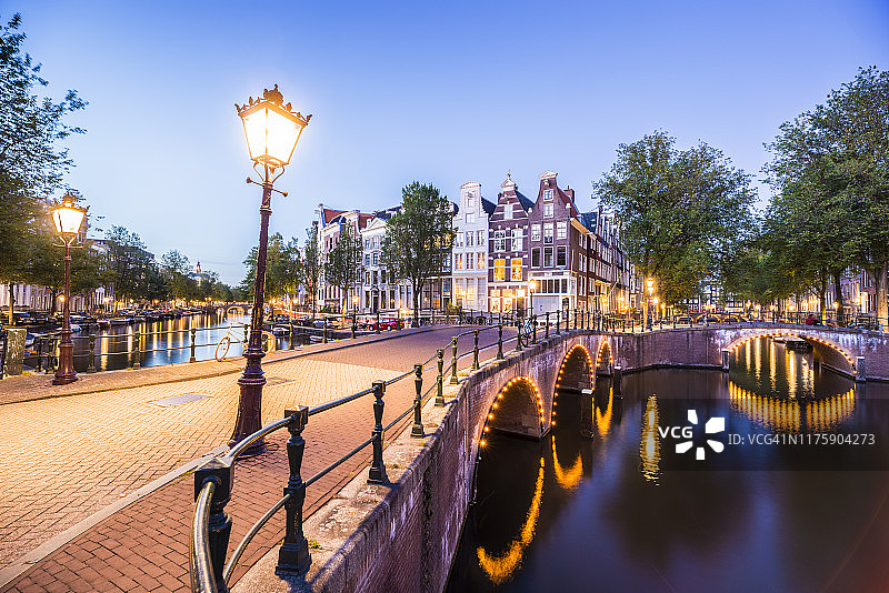 日落时照亮阿姆斯特丹的桥梁和运河，荷兰图片素材