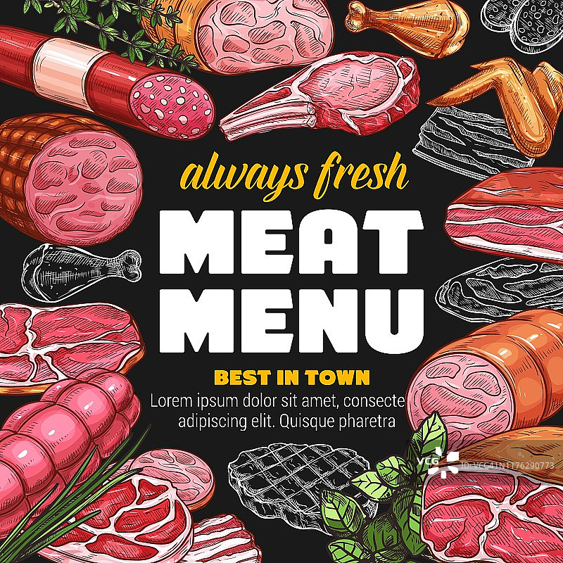 肉铺肉品香肠速写菜单图片素材