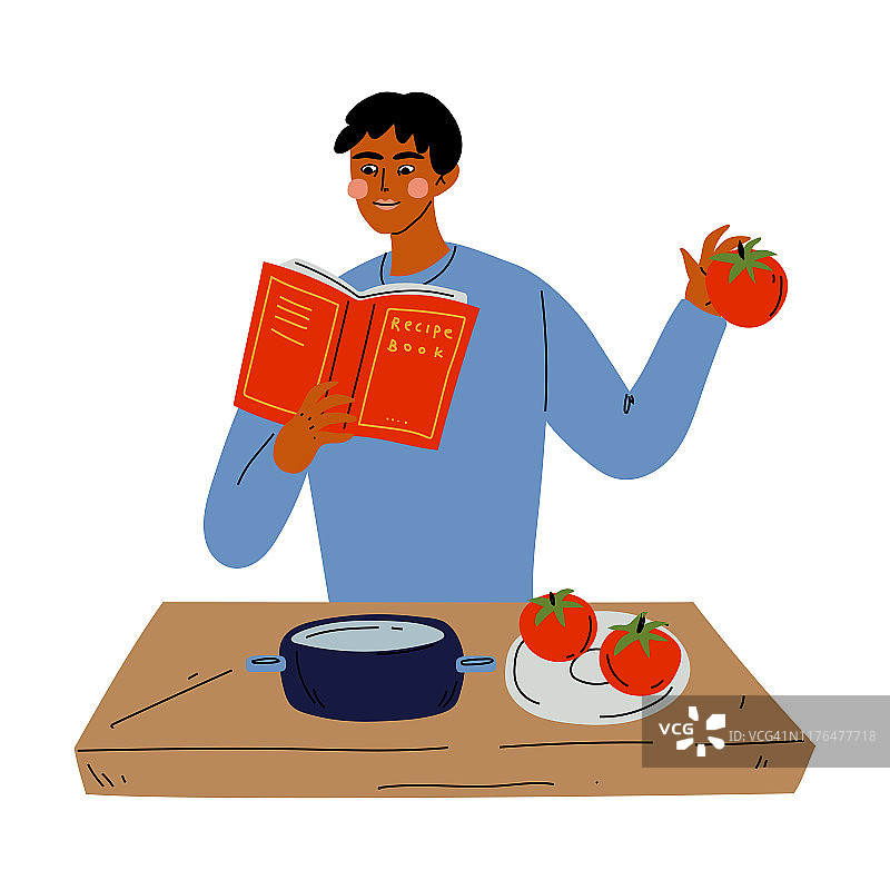 年轻人阅读食谱和烹饪在厨房矢量插图图片素材
