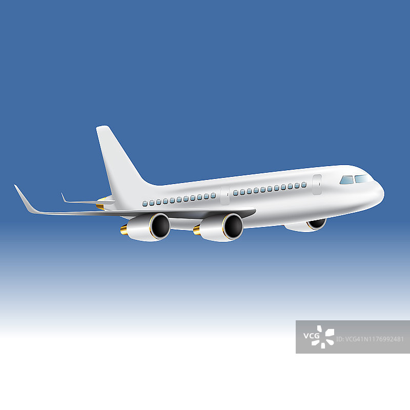 飞机，白色的平面侧视图与孤立的蓝色基调背景，旅行和交通概念图片素材