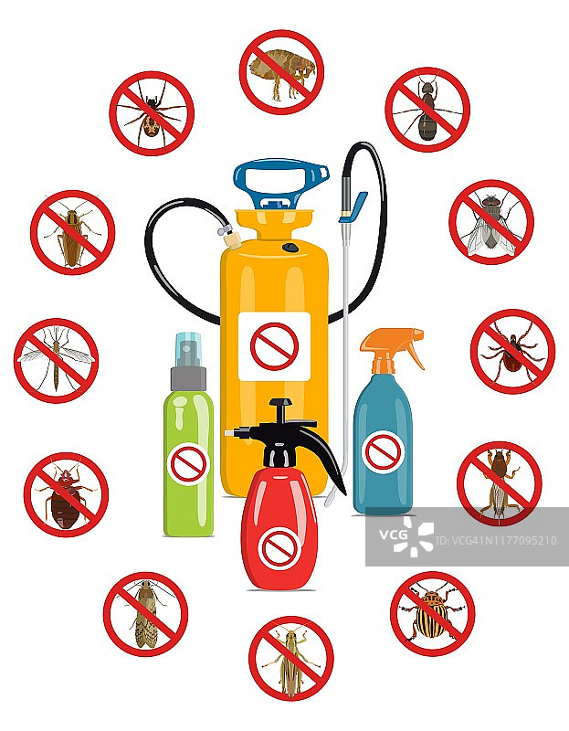 多色瓶子喷雾器，防止有害昆虫。矢量插图。图片素材