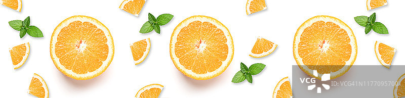 新鲜的橙子，柑橘类水果片与薄荷叶孤立在白色背景。图片素材