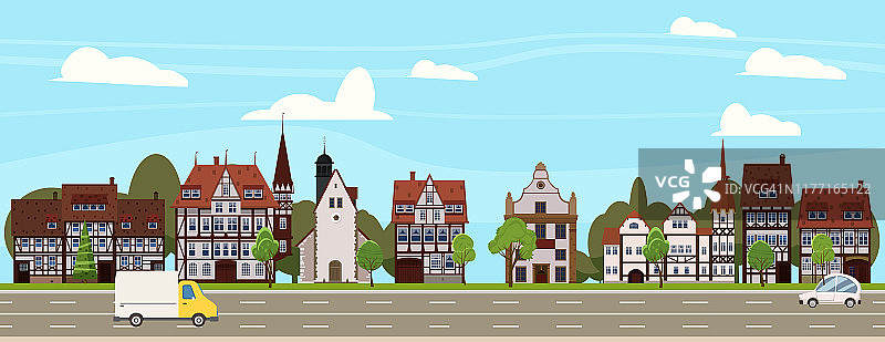 城区城区风貌老城区历史建筑、市区道路车辆。矢量插图，旗帜海报孤立图片素材