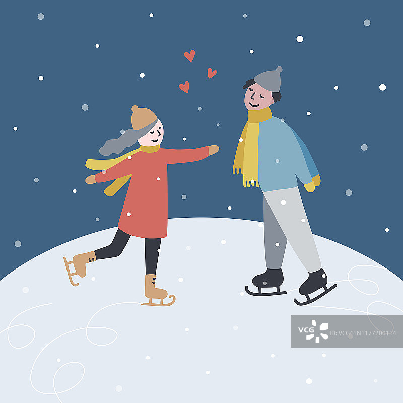 一对在溜冰场上滑冰的情侣。圣诞时间矢量贺卡与两个人。情人节的爱情概念图片素材