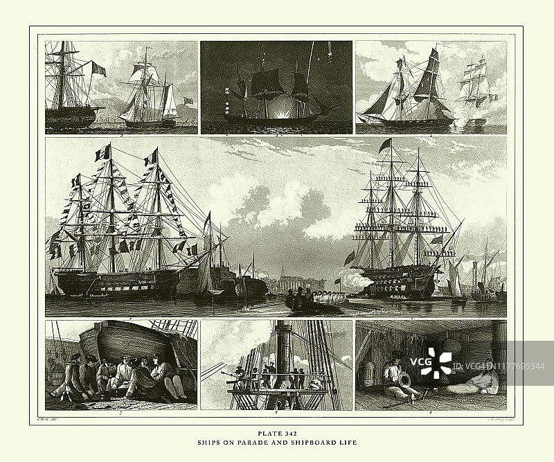 雕刻古董，船在游行和船上生活雕刻古董插图，出版1851年图片素材