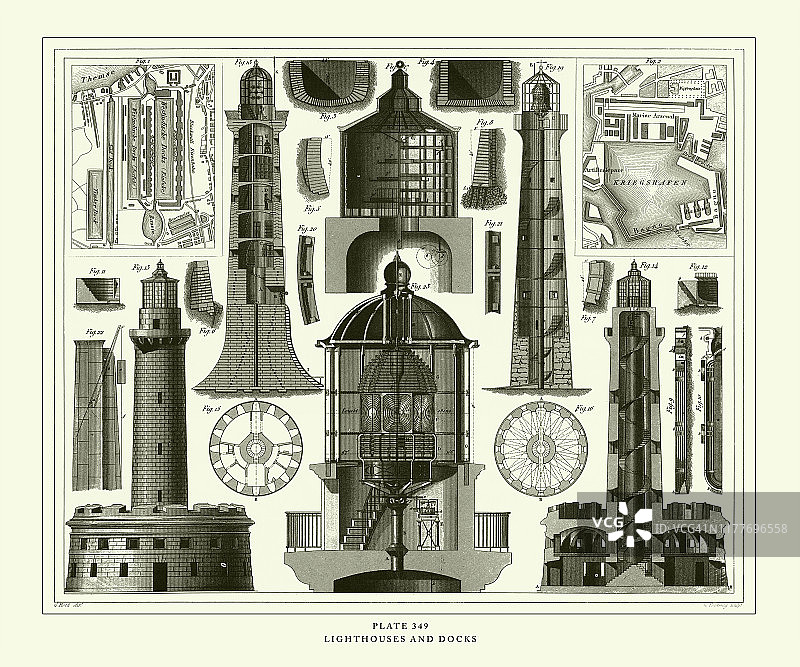 雕刻古董，灯塔和码头雕刻古董插图，出版1851年图片素材