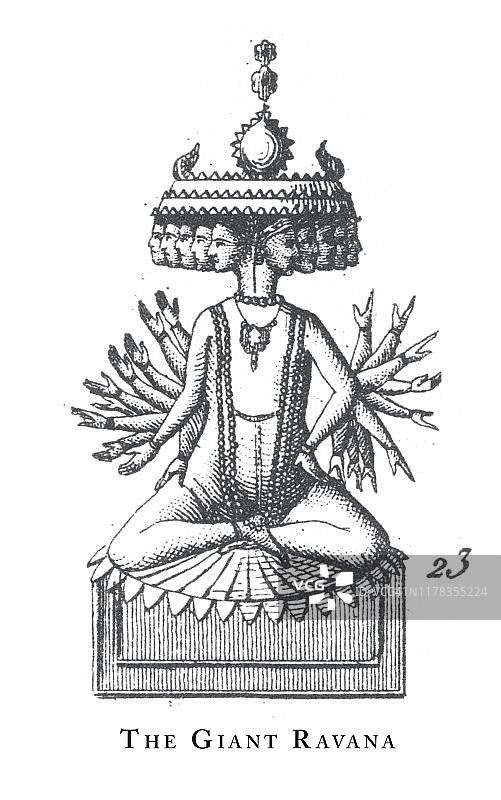 印度教和佛教的宗教符号和宗教器具雕刻古董插图，出版于1851年图片素材