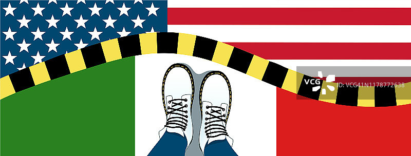 在美国和墨西哥之间的国家之间的边界靠近墙的腿的顶部视图的矢量插图，旗帜和黄色分离缎带。社会观念移民禁令，边界，隔离图片素材