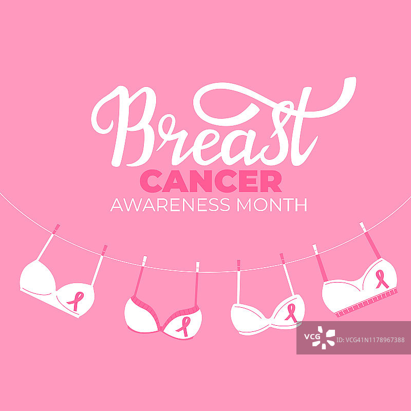 全国乳腺癌宣传月横幅。粉红色的胸罩挂在绳子上图片素材