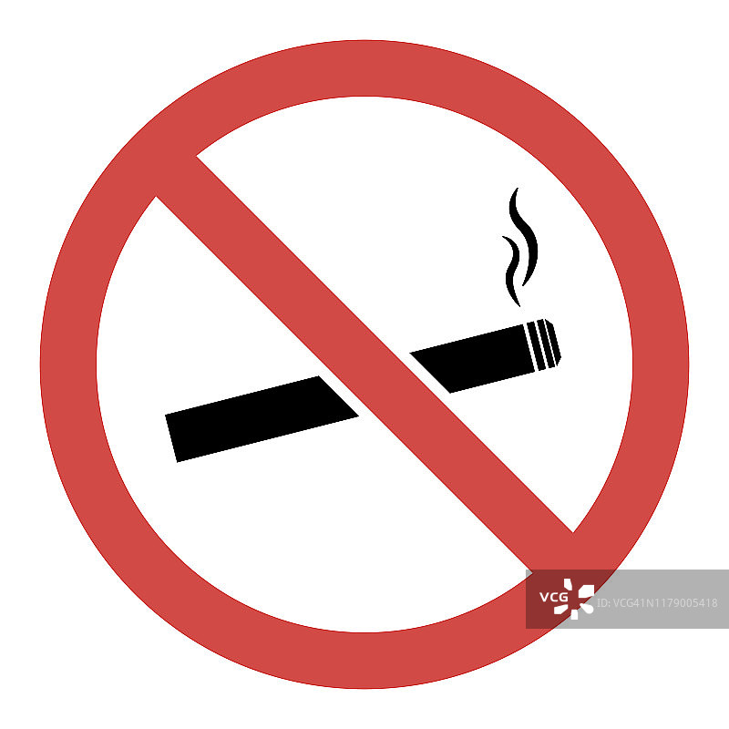 红色禁止停车标志，红色圆圈警告，禁止进入或进入标志，简单的矢量图形插图，孤立在白色背景与香烟标志图片素材