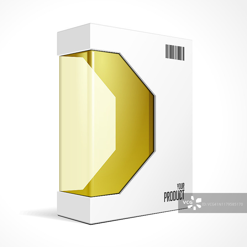 为DVD或CD磁盘与黄色橙色金色窗口的现代软件产品包装盒。模型3D插图在白色背景孤立。为你的设计做好准备。包装。向量EPS10图片素材