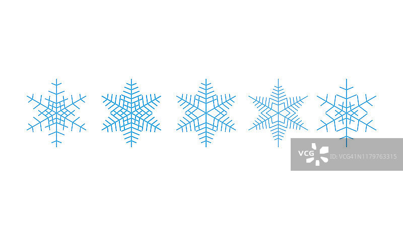 向量大集蓝色雪花设计元素上的白色背景。不同的设计。图片素材