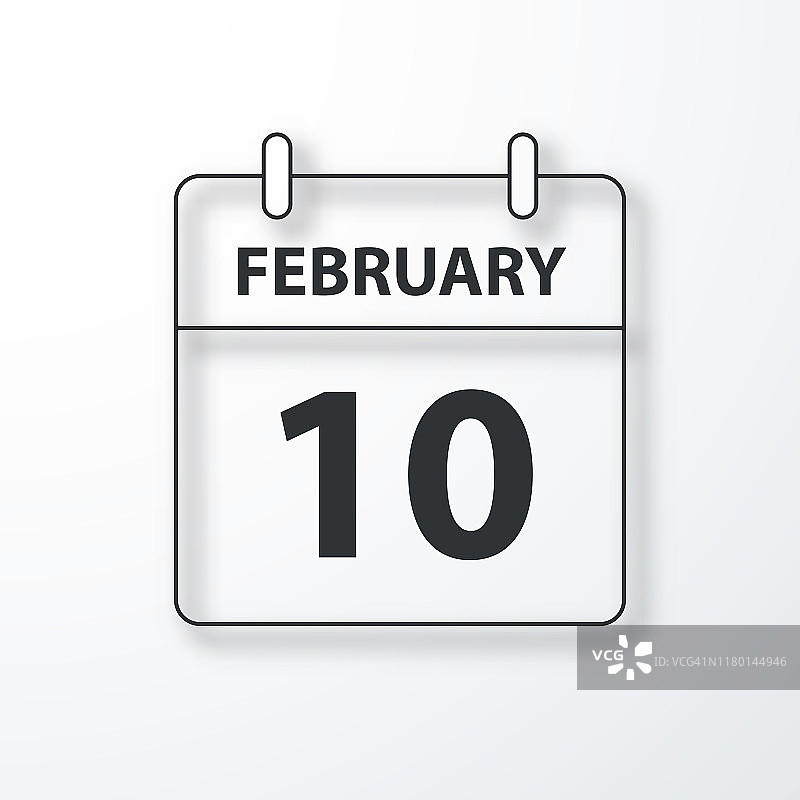2月10日-每日日历-黑色轮廓与阴影在白色背景图片素材