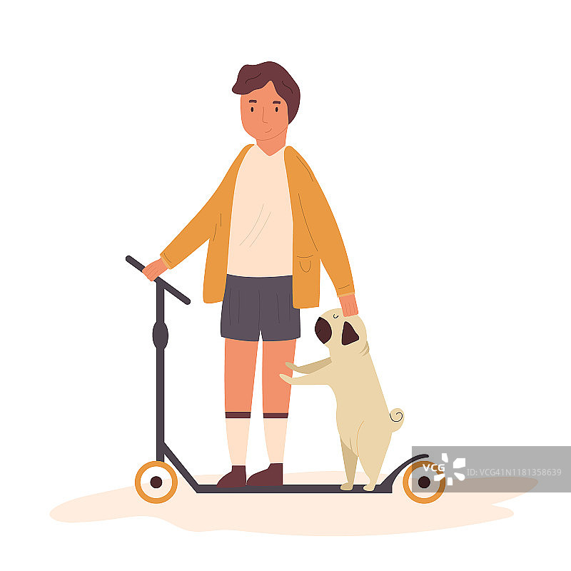 一个男孩和一只哈巴狗骑着滑板车。彩色平面插图图片素材
