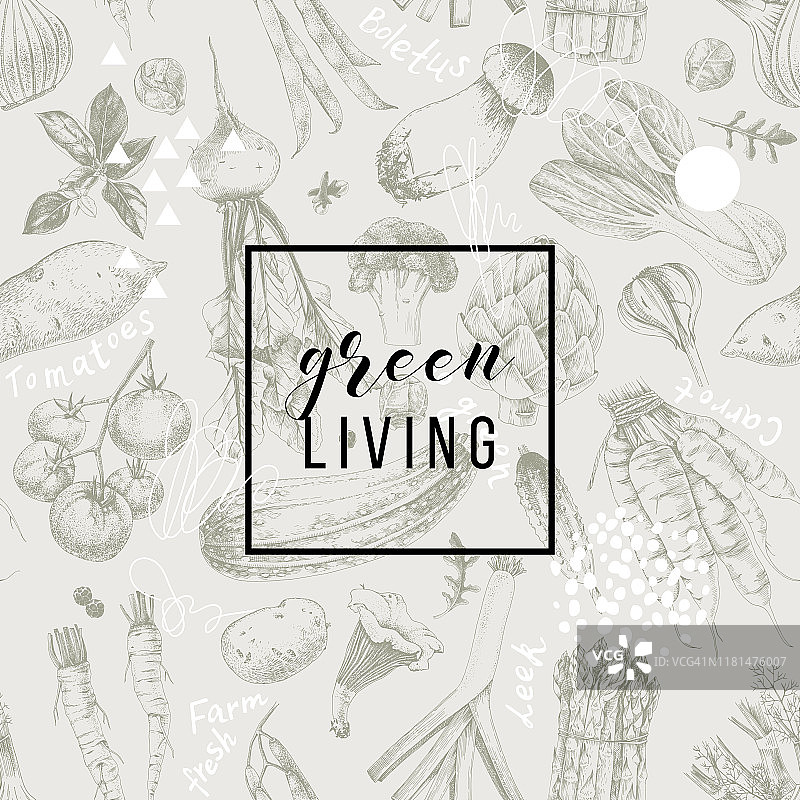 绿色生活标志上面手绘蔬菜和蘑菇无缝图案图片素材