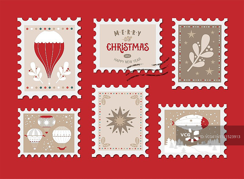 以圣诞元素为主题的圣诞邮票。圣诞快乐，新年快乐图片素材