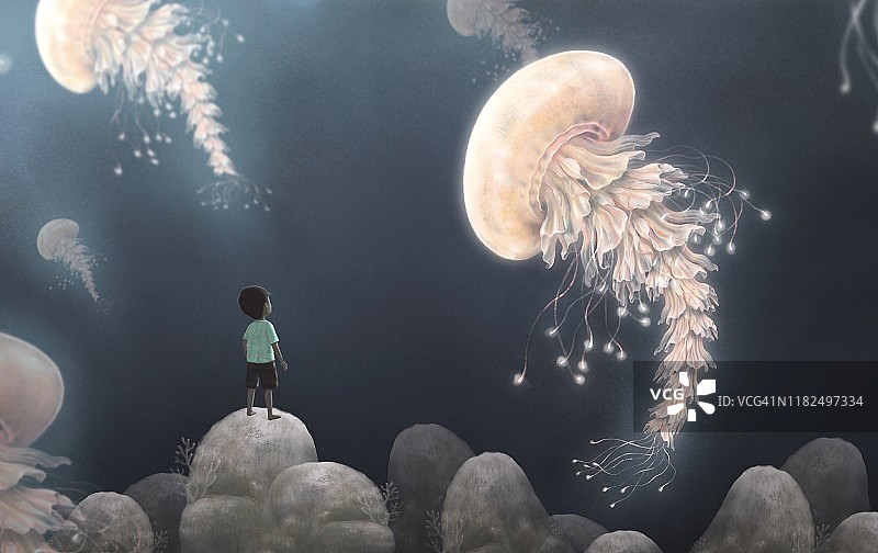 男孩与一群巨型水母，幻想绘画插图图片素材