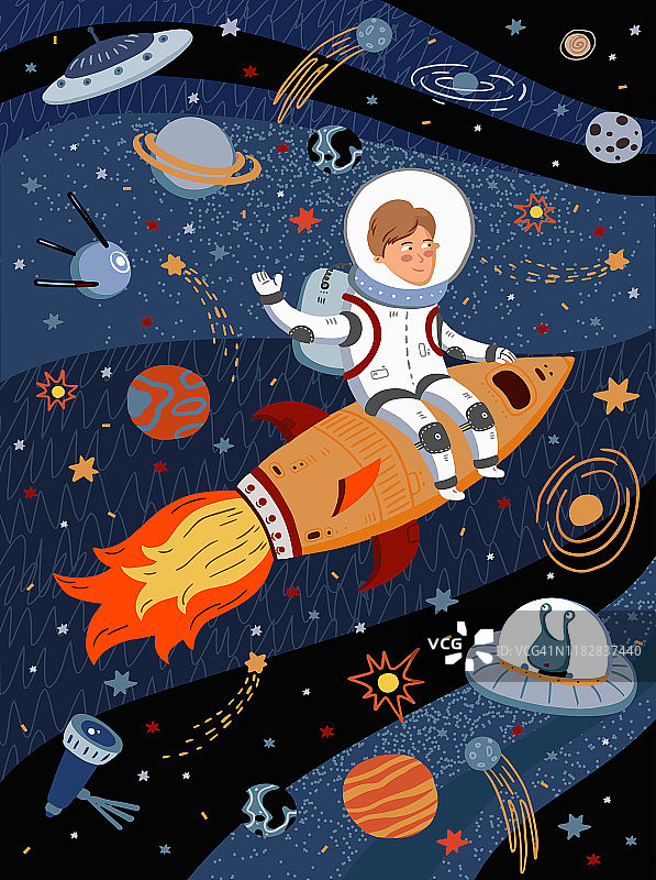 可爱的矢量插图宇航员在太空上的火箭。在行星、外星人和星空中飞行的宇航员图片素材