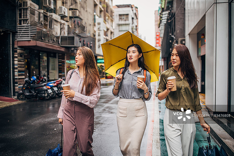 三个年轻女人走在城里图片素材
