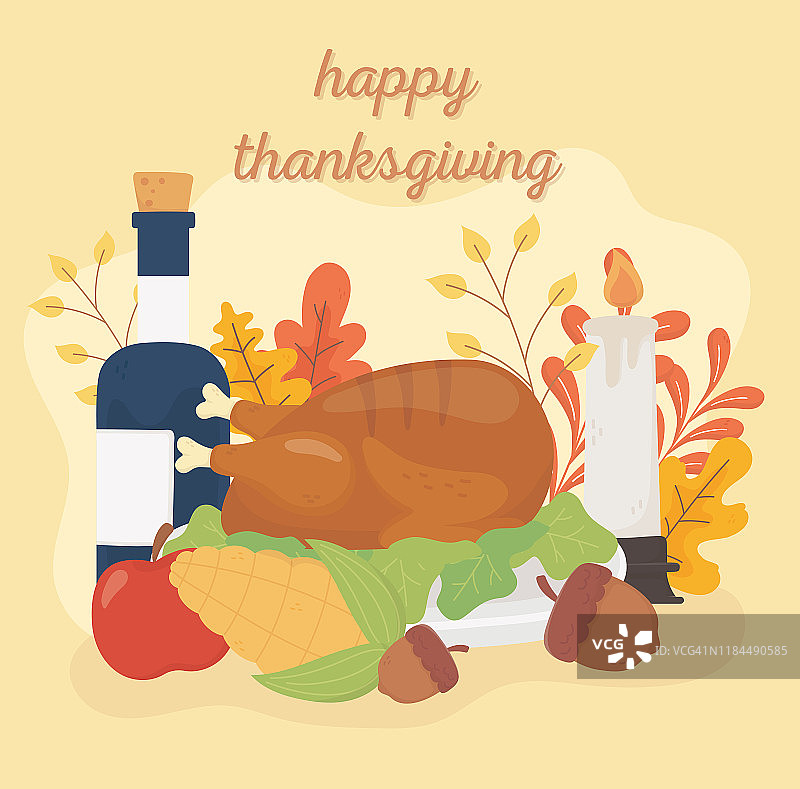 感恩节快乐，烤火鸡，葡萄酒，橡子，玉米，苹果，蜡烛，树叶庆祝图片素材