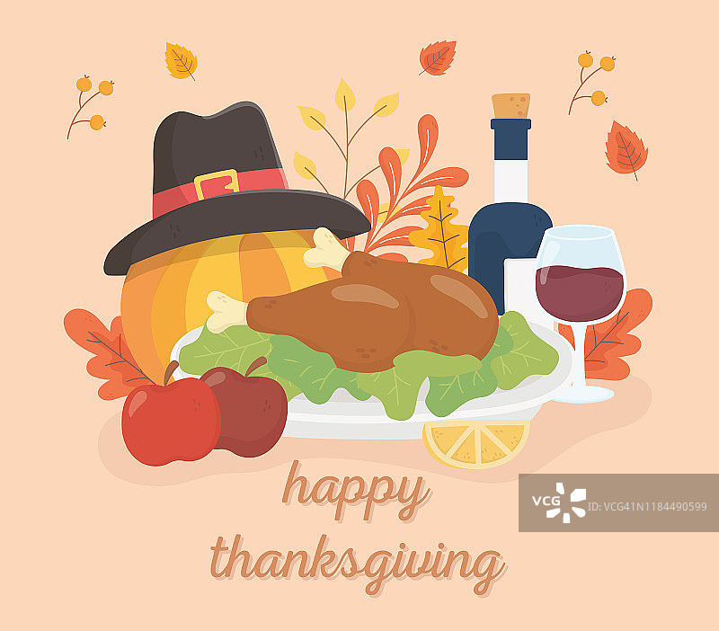 感恩节快乐，烤火鸡，葡萄酒，苹果，南瓜和帽子，树叶庆祝图片素材