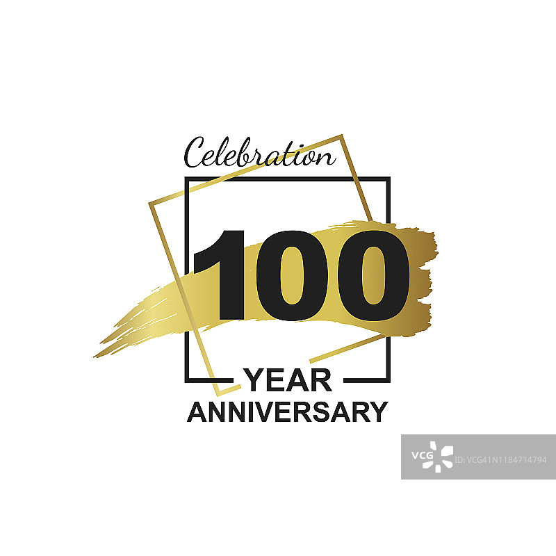 百年金婚纪念标志庆祝与框架和手绘刷金丝带。矢量模板元素为您的100生日派对海报贺卡上的白色背景和黑色数字。图片素材