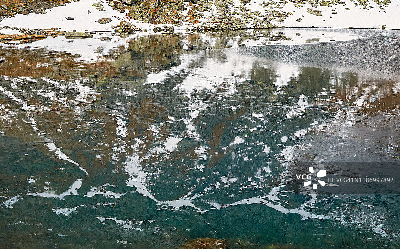 加冰的卡尔顿湖，法加拉斯山脉，喀尔巴阡山脉，罗马尼亚，欧洲。图片素材